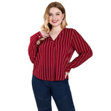 Women Plus Size Tops Striped V-neck Top Women's Shirt Long Sleeve