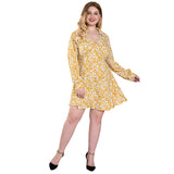 Women Plus Size Midi Dresses Floral Print Spring and Autumn Yellow Dress Long Sleeve