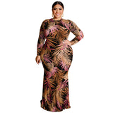 Women Plus Size Maxi Dresses Tight Sexy Sheath Hollow-out Midriff Leaves Printed Maxi Dress