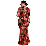 Women Plus Size Maxi Dresses Tight Sexy Sheath Hollow-out Midriff Leaves Printed Maxi Dress