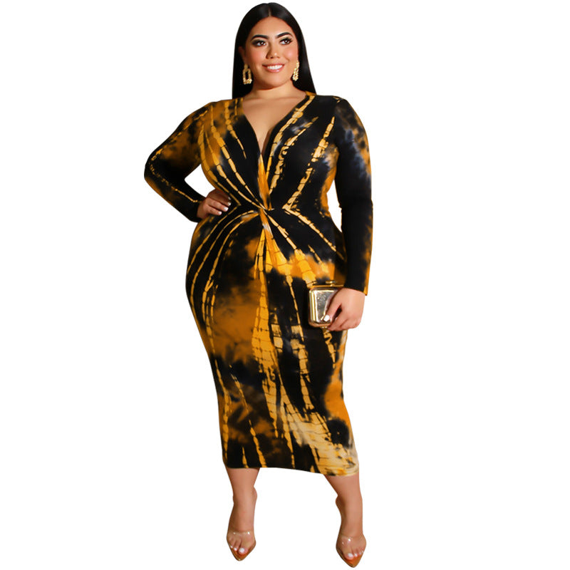Women Plus Size Midi Dresses Tie-Dye Printed V-neck Tight Sexy Maxi Dress
