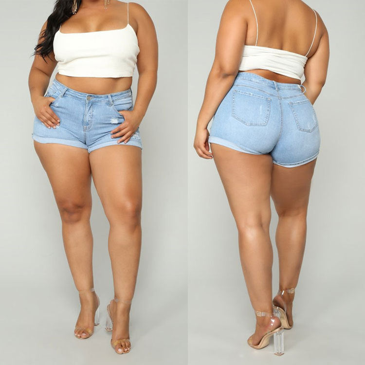 Women Plus Size Denim Shorts Fashionable High Waist Lace-up Denim Shorts