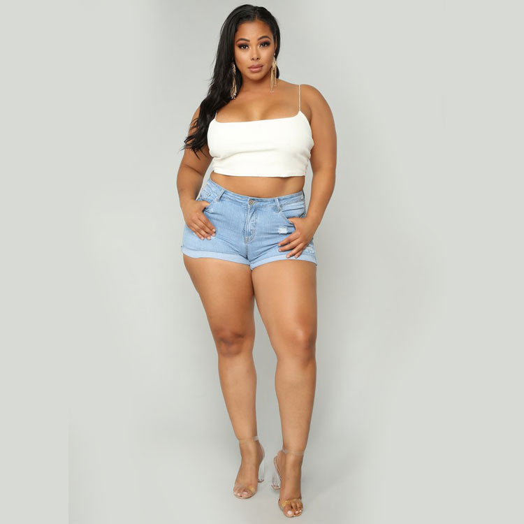 Women Plus Size Denim Shorts Fashionable High Waist Lace-up Denim Shorts
