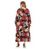 Women plus Size Dresses Fashion Sexy V-neck Mid-Length Casual Printed Long Sleeve Dress