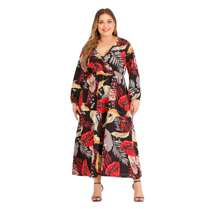 Women plus Size Dresses Fashion Sexy V-neck Mid-Length Casual Printed Long Sleeve Dress