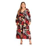 Women plus Size Dresses Fashion Sexy V-neck Mid-Length Casual Printed Long Sleeve Dress