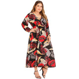Women plus Size Dresses Fashion Sexy V-neck Mid-Length Casual Printed Long Sleeve Dress