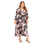 Women plus Size Dresses Fashionable V-neck Printed Stitching Mid-Length Casual Dress for Women