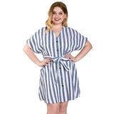 Women Plus Size Midi Dresses Spring and Summer Sexy V-neck Striped Blue Belt Dress