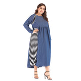 Women plus Size Dresses Fashion round Neck Patchwork Stripes Denim Dress