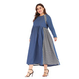 Women plus Size Dresses Fashion round Neck Patchwork Stripes Denim Dress