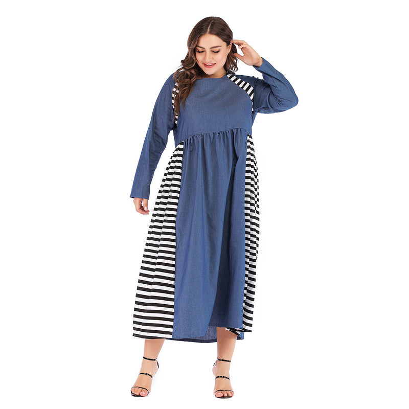 Women plus Size Dresses Fashion round Neck Patchwork Stripes Denim Dress
