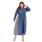 Women plus Size Dresses Fashion round Neck Patchwork Stripes Denim Dress