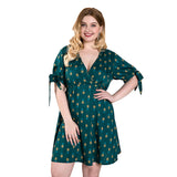 Women Plus Size Midi Dresses Green Fruit Printed Sleeve Bow Dress