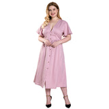 Women Plus Size Maxi Dresses Ruffled V-neck Pink Midi Dress