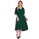 Women Plus Size Maxi Dresses Green V-neck Casual Half Sleeve Dress