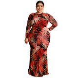 Women Plus Size Maxi Dresses Tight Sexy Sheath Hollow-out Midriff Leaves Printed Maxi Dress