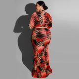 Women Plus Size Maxi Dresses Tight Sexy Sheath Hollow-out Midriff Leaves Printed Maxi Dress