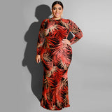 Women Plus Size Maxi Dresses Tight Sexy Sheath Hollow-out Midriff Leaves Printed Maxi Dress