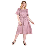 Women Plus Size Maxi Dresses Solid Color Autumn Pink Ruffled Straps Casual Dress