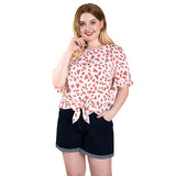 Women Plus Size Tops Bell Sleeve Loose Round Neck Red Floral Print Top