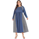 Women plus Size Dresses Fashion round Neck Patchwork Stripes Denim Dress