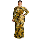 Women Plus Size Maxi Dresses Tight Sexy Sheath Hollow-out Midriff Leaves Printed Maxi Dress