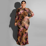 Women Plus Size Maxi Dresses Tight Sexy Sheath Hollow-out Midriff Leaves Printed Maxi Dress