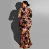 Women Plus Size Maxi Dresses Tight Sexy Sheath Hollow-out Midriff Leaves Printed Maxi Dress