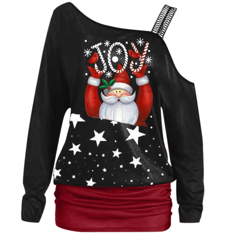 Black Christmas Sweater Christmas Print Shoulder Belt Sweater