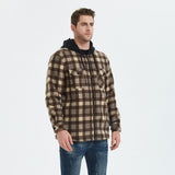 Mens Flannel Jacket with Hoodie Autumn and Winter Plaid Shirt Men's Fleece Lined Padded Warm Keeping Top Shirt Berber Fleece Coat