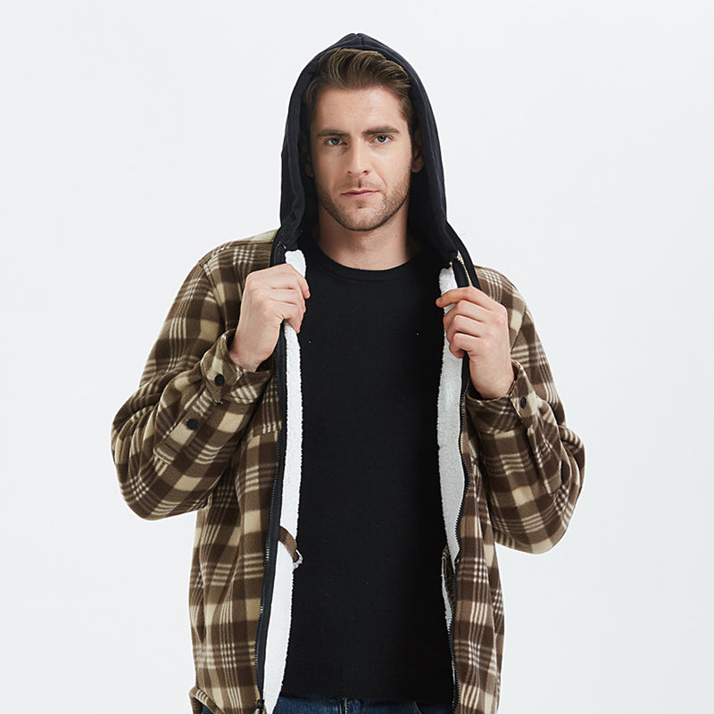 Mens Flannel Jacket with Hoodie Autumn and Winter Plaid Shirt Men's Fleece Lined Padded Warm Keeping Top Shirt Berber Fleece Coat