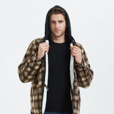 Mens Flannel Jacket with Hoodie Autumn and Winter Plaid Shirt Men's Fleece Lined Padded Warm Keeping Top Shirt Berber Fleece Coat