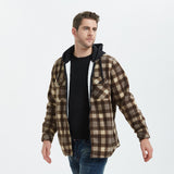 Mens Flannel Jacket with Hoodie Autumn and Winter Plaid Shirt Men's Fleece Lined Padded Warm Keeping Top Shirt Berber Fleece Coat