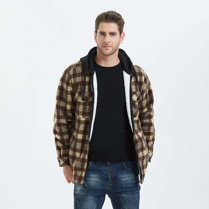 Mens Flannel Jacket with Hoodie Autumn and Winter Plaid Shirt Men's Fleece Lined Padded Warm Keeping Top Shirt Berber Fleece Coat