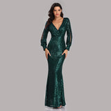 Mariah Carey See through Dress Solid Color plus Size Long Sleeve Sequined Fishtail Evening Dress