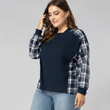 Women Plus Size Tops Spring Long Sleeve Stitching Color-Contrast Check Casual Knitted T-shirt