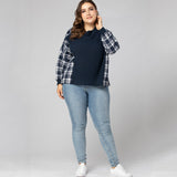 Women Plus Size Tops Spring Long Sleeve Stitching Color-Contrast Check Casual Knitted T-shirt