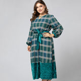 Women Plus Size Maxi Dresses Plaid Stitching Contrasting-Color Dress