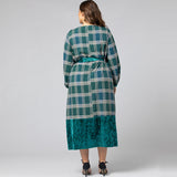 Women Plus Size Maxi Dresses Plaid Stitching Contrasting-Color Dress