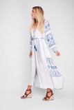 Women Dresses Bohemian Holiday V-neck Embroidered Lantern Sleeve Dress