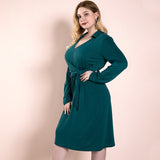 Women Plus Size Midi Dresses Winter Long Sleeve V-neck Dress