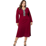 Women Plus Size Maxi Dresses Autumn and Winter Long Sleeve V-neck Swing Dress