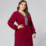 Women Plus Size Maxi Dresses Autumn and Winter Long Sleeve V-neck Swing Dress