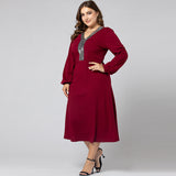 Women Plus Size Maxi Dresses Autumn and Winter Long Sleeve V-neck Swing Dress