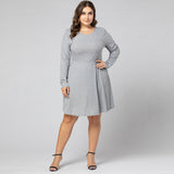 Women Plus Size Midi Dresses Long Sleeve Crew Neck Ruffle Dress