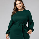 Women Plus Size Midi Dresses Long Sleeve Crew Neck Pencil Dress