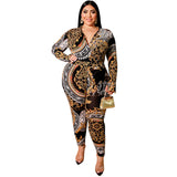 Women Plus Size Jumpsuits Deep V Neck Tight Sheath Sexy Printed Jumpsuit