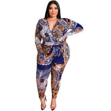 Women Plus Size Jumpsuits Deep V Neck Tight Sheath Sexy Printed Jumpsuit