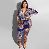 Women Plus Size Jumpsuits Deep V Neck Tight Sheath Sexy Printed Jumpsuit